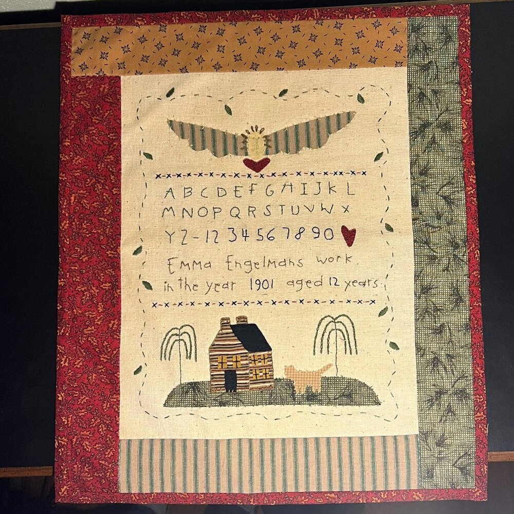 Hand Stitched Antique Needlework Sampler Reproduction Wall Hanging Farmhouse